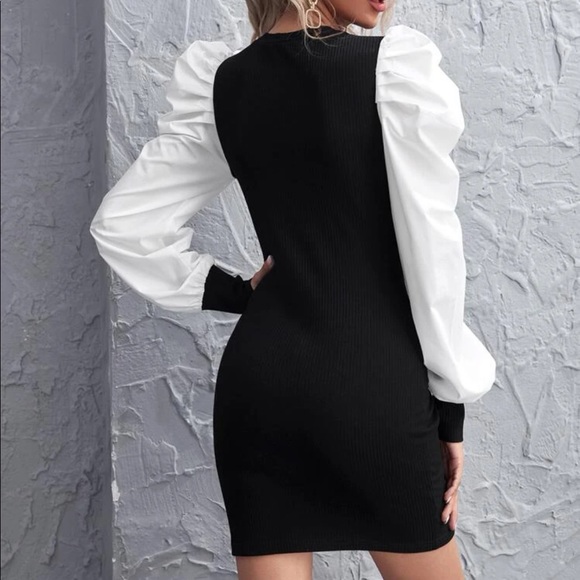 Colorblock Lantern Sleeve Rib-knit Dress - Picture 2 of 6